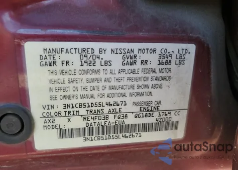 2005 Nissan Sentra 1.8 z USA, uszkodzony, nr VIN 3N1CB51D55L462671